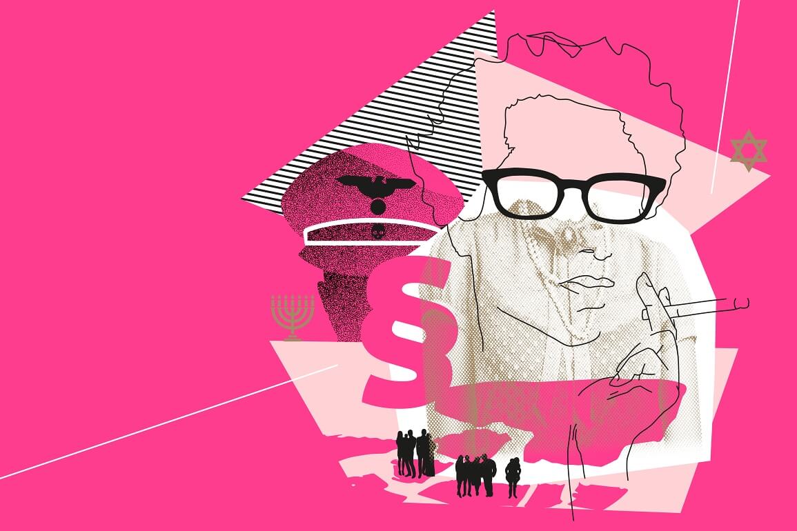 © Bärbel Bosch Illustration auf pinkem Hintergrund mit dem Konterfei von Hannah Arendt, die eine Zigarette raucht. neben ihr ist das Paragraphen-Zeichen zu sehen, ebenso wie eine Uniformmütze der SS