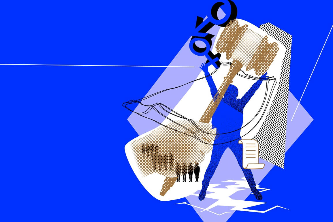 © Bärbel Bosch Illustration auf neonblauem Hintergrund mit der Silhouette eines Menschen, der hochspringt, der Boden darunter hat Bruchstellen. Darüber ist eine einen Richterhammer haltende Hand gezeichnet sowie Symbole für das männliche und weibliche Geschlecht