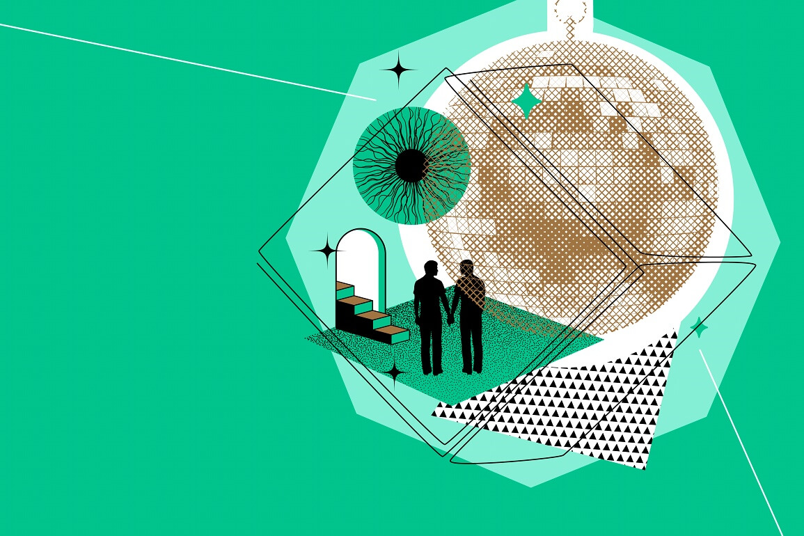 © Bärbel Bosch Illustration auf dunkelgrünem Hintergrund mit einer Tür, durch die eine Treppe nach unten auf eine Fläche führt, auf der zwei Händchen haltende Figuren zu sehen sind. Darüber hängt eine große Discokugel sowie ein Raubkatzenauge