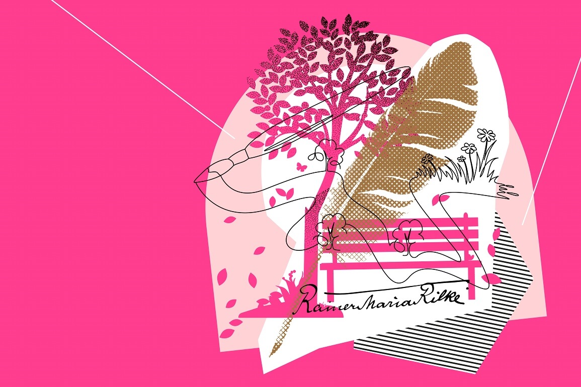 © Bärbel Bosch Illustration auf pinkem Hintergrund, auf der eine Bank unter einem Baum zu sehen ist sowie eine Schreibfeder und ein Pinsel, der eine Blumenwiese zeichnet und zuletzt die Unterschrift "Rainer Maria Rilke"